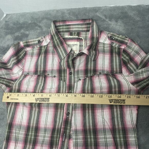 Cotton Express Womens Button Up Pink Gray Plaid Cotton Sz XS 3/4 Sleeves Western - Picture 12 of 16